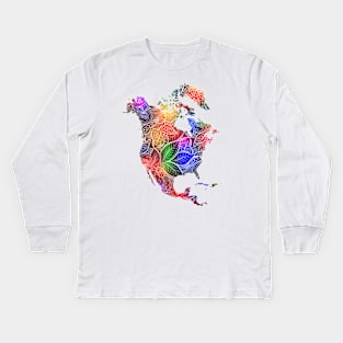 Colorful mandala art map of North America with text in multicolor pattern Kids Long Sleeve T-Shirt